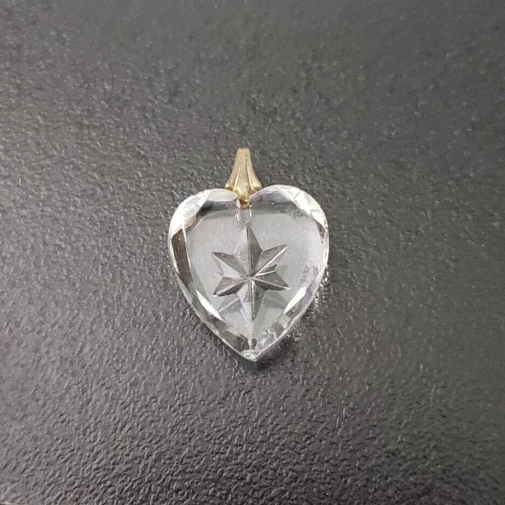 Vintage Pendant Clear Heart with Engraved Star - No Chain Included